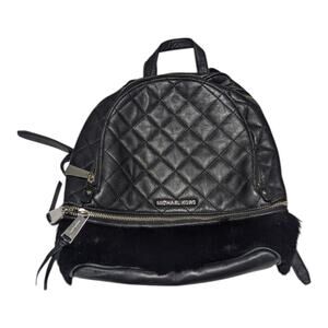 Michael Kors Rhea Medium Quilted Leather Backpack Black Rabbit Fur Womens Glam